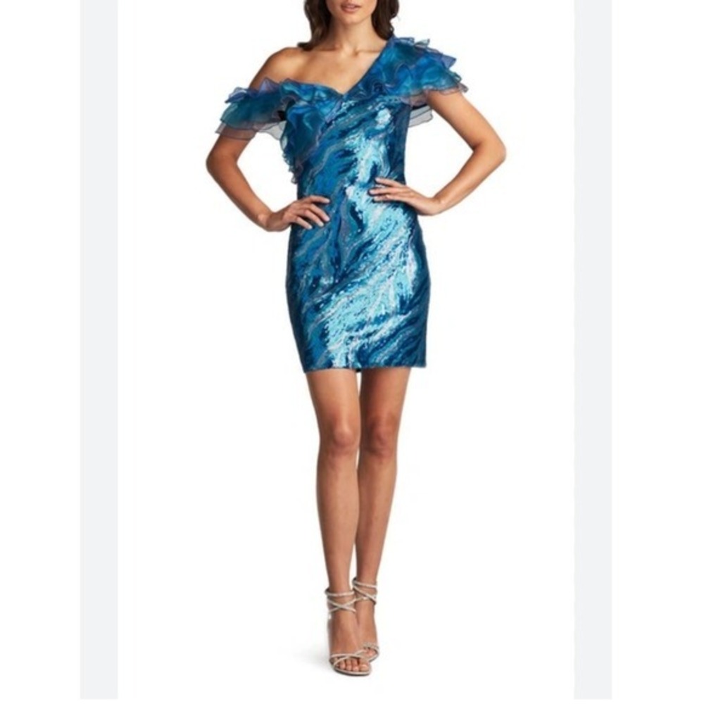 Sho by Tadashi Shoji Sequin Cocktail Prom Dress Blue Green Ruffle Size 14 Saks